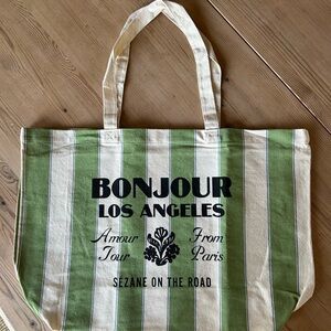 Sezane Green and Cream Tote Bag NWOT